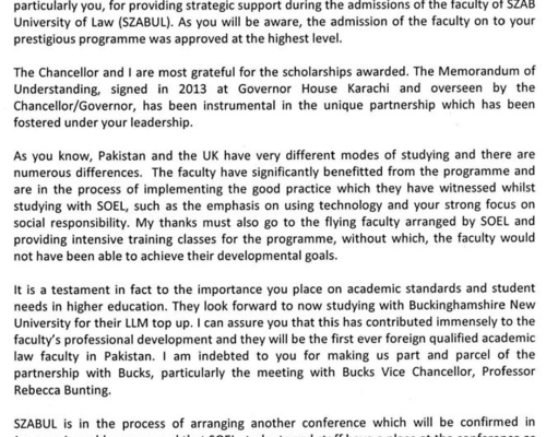 A letter of appreciation from Prof Justice (R) Qazi Khalid Vice Chancellor of SZAB University of Law (Pakistan) and Chairman Sindh Inter Universities Consortium, on the law programme we offered to the University’s faculty.