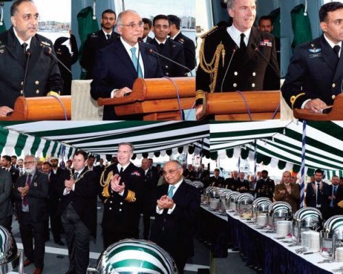 A reception at Her Majesty's Naval Base in Portsmouth was held in honour of the arrival of Pakistan Navy Ship ASLAT and its commander Commodore Faisal Abbasi SI(M). The chief guest was Second Sea Lord Vice Admiral Anthony Radakin, Deputy Chief of Staff, Naval. Various dignitaries attended including Lord Mayor of Portsmouth Lee Mason, Rehman Chisti MP, Michael Wade, Honorary Lieutenant-Commander Durdana Ansari OBE, Victoria Schofield, Commodore Raja Rab Nawaz, Umar Mahmood and more.