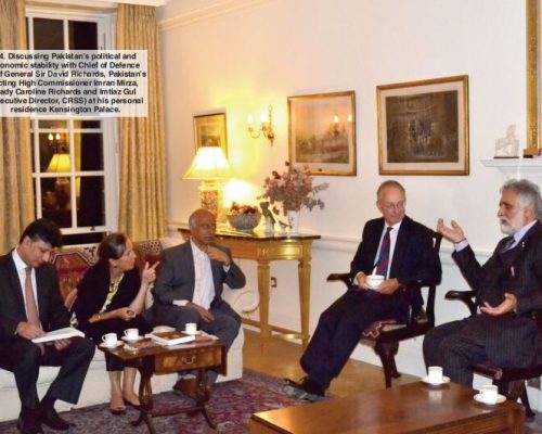 Discussing Pakistan’s political and economic stability with Chief of Defence Staff General Sir David Richards, Pakistan’s Acting High Com missioner Imran Mirza, Lady Caroline Richards and Imtiaz Gul (Executive Director, CRSS) at his personal residence Kensington Palace.