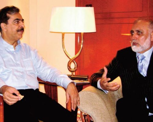 Discussing bilateral relations and educational development between UK and Pakistan with Yusuf Raza Gilani, Prime Minister of Pakistan. 2010.