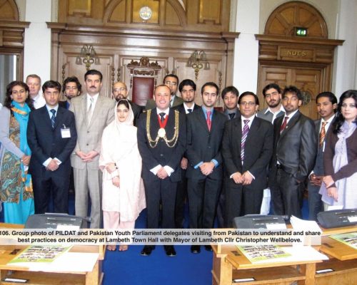 Group photo of PILD AT and Pakistan Youth Parliament delegates visiting from Pakistan to understand and share best practices on democracy at Lambeth Town Hall with Mayor of Lambeth Cllr Christopher Wellbelove.