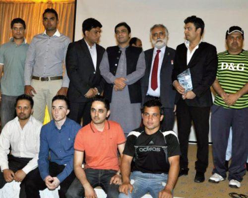 Hamza Shehbaz Sharif, Head of the Punjab Youth Festival, and Rana Mashood Khan, Minister of Education (Punjab), at the Punjab Youth Festival with students and cricketers I sponsored to visit Pakistan to represent England and Pakistan as England-Pak XI during the cricket tournament with international teams.