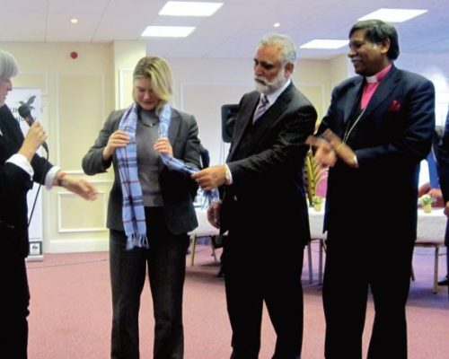 Presenting a World Peace Tartan Scarf to Secretary of State for International Development Justine Greening alongside Catriona Robertson, Bishop of Lahore Irfan Jamil and Umar at the London Conference of the Minority Majority Project sponsored by the Foreign and Commonwealth Office. This project was twinned in Pakistan with an array of meetings organised in Lahore and Islamabad.