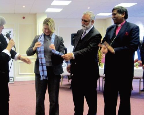 Presenting a World Peace Tartan Scarf to Secretary of State for International Development Justine Greening alongside Catriona Robertson, Bishop of Lahore Irfan Jamil and Umar at the London Conference of the Minority Majority Project sponsored by the Foreign and Commonwealth Office. This project was twinned in Pakistan with an array of meetings organised in Lahore and Islamabad.