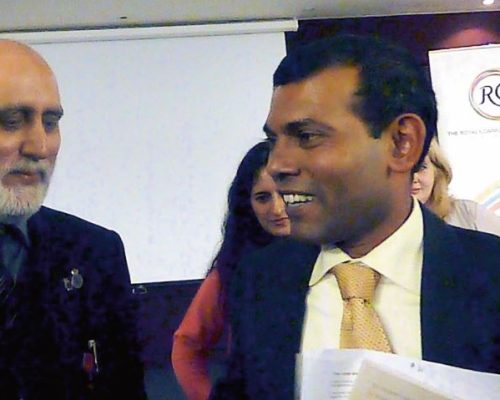 Speaking on cross country cooperation of Muslim Nations with President Mohamed Nasheed of Maldives at the Royal and Commonwealth Society. 2012.