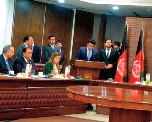 Track II dialogue proceedings for cooperation between Pakistan and Afghanistan with Speaker of the Assembly Abdul Rauf Ibrahimi at the Afghanistan National Assembly. Also in the photo are former Inspector General Police Dr. Shoaib Suddle and Member National Assembly Rana Afzal Khan. Kabul. 2017.