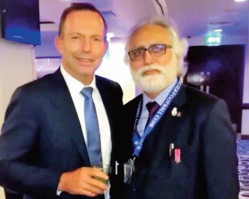 With Australian Prime Minister Tony Abbott at Chelsea Football Club following a conference on strengthening trade ties with Pakistan.